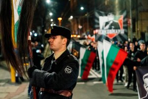 Members of nationalist organizations parade with torches during a march to commemorate Bulgarian General and politician Hristo Lukov, in the centre of Sofia on February 16, 2019. (Credit: DIMITAR DILKOFF/AFP/Getty Images)