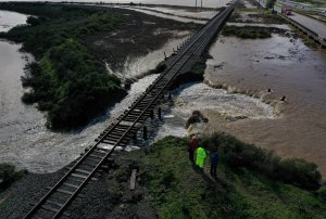 A levee in Novato is seen after it was breached during a rain storm on Feb. 14, 2019. (Credit: Justin Sullivan / Getty Images)