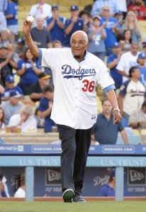 Former Los Angeles Dodgers Don Newcombe #36, waves to fans before his ceremonial first pitch before the game against the Cleveland Indians at Dodger Stadium on July 1, 2014 in Los Angeles, California. (Credit: Harry How/Getty Images)