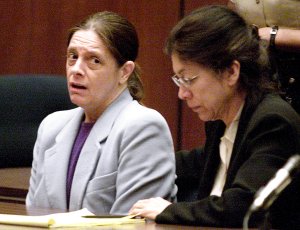 Marjorie Knoller listens, along with her attorney Nedra Ruiz, to the verdict being read in the dog mauling trial in Los Angeles on March 21, 2002. (Credit: LANCE IVERSEN/AFP/Getty Images)