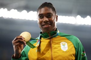 Gold medalist Caster Semenya of South Africa stands on the podium during the medal ceremony for the Women's 800 meter on Day 15 of the Rio 2016 Olympic Games at the Olympic Stadium on August 20, 2016 in Rio de Janeiro, Brazil. (Credit: Patrick Smith/Getty Images)