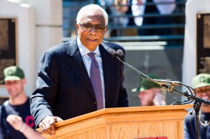 Former Cleveland Indians manager and player Frank Robinson speaks during the unveiling of a new statue commemorating his career at Progressive Field in Cleveland on May 27, 2017. (Credit: Jason Miller/Getty Images)
