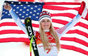 Bronze medallist Lindsey Vonn of the United States celebrates during the victory ceremony for the Ladies' Downhill on day 12 of the PyeongChang 2018 Winter Olympic Games at Jeongseon Alpine Centre on February 21, 2018 in Pyeongchang-gun, South Korea. (Credit: Tom Pennington/Getty Images)