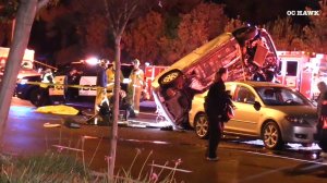 Authorities investigate the scene of a fatal crash at Lambert Road and Idaho Street in La Habra on Feb. 10, 2019. (Credit: OC Hawk)