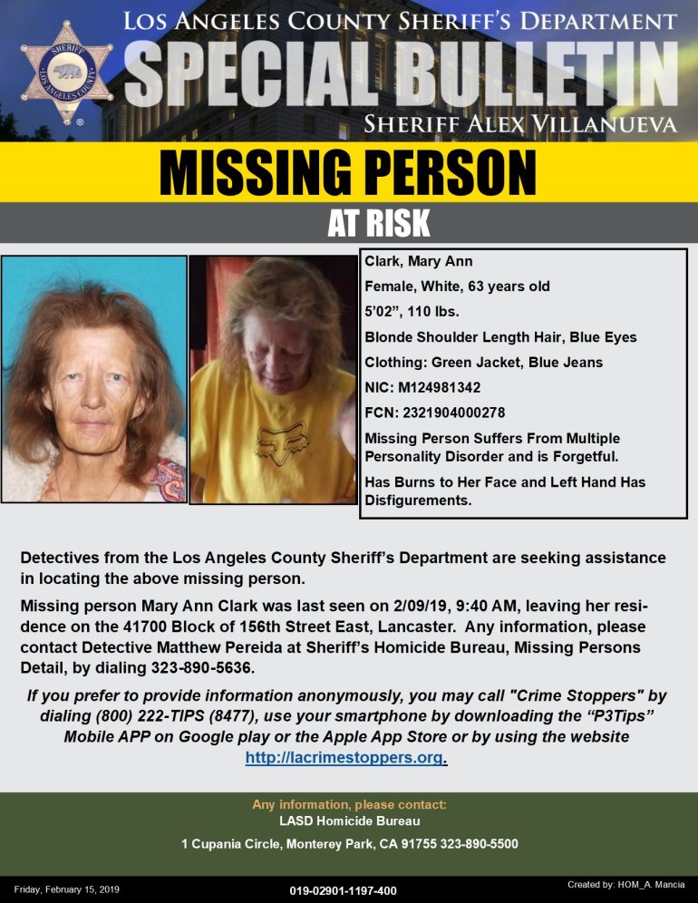 Los Angeles County Sheriff's Department missing person flier.