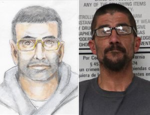 A police sketch of an indecent exposure suspect, left, and the man arrested in the case, 41-year-old Darrell Finstad, are seen in images release Feb. 20, 2019, by the Redlands Police Department.