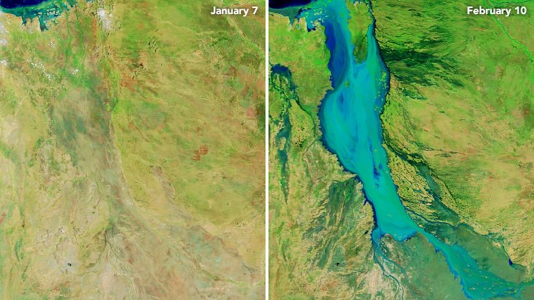 Satellite imagery shows the massive flooding that has hit northwest Australia in 2019. (Credit: NASA)