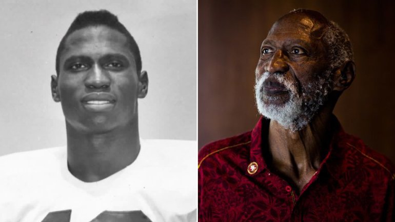 C.R. Roberts is seen, left, in an image released by USC taken during his time on the football team in the late 50s, and at right in a portrait taken by Los Angeles Times photographer Gabriel S. Scarlett on July 26, 2018.