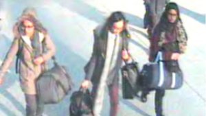 London schoolgirls Shamima Begum, Kadiza Sultana and Amira Abase boarded a Turkish Airlines plane from London's Gatwick Airport to Istanbul on February 17, 2015. They are thought to have crossed the Turkish border into Syria within days. (Credit: CNN)
