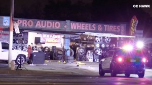 Police investigate the scene of a shooting that left one person dead and two others wounded in the 2000 block of West 17th Street in Santa Ana on Feb. 10, 2019. (Credit: OC Hawk)