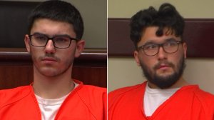 Owen Shover, left, and Gary Shover, right, are seen during their court appearance on Feb. 15, 2019. (Credit: KTLA)