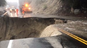 A major storm left a gaping hole in State Route 243 near Lake Fulmor on Feb. 14, 2019. (Credit: County of Riverside Emergency Management Dept.)