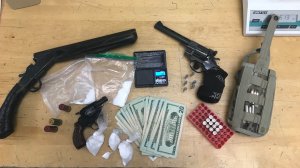 Deputies seized three ounces of methamphetamine, a sawed-off shotgun and two handguns during a raid at the home of a Chatsworth man on Feb. 1, 2019. (Credit: Ventura County Sheriff's Office)