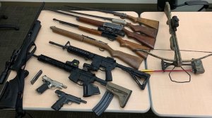 Deputies seized a cache of weapons, including two assault rifles, from the Moorpark home of a convicted felon named in a domestic violence restraining order on Feb. 15, 2019. (Credit: Ventura County Sheriff's Office)