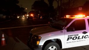 Police investigate the scene of a shooting in the 12000 block of East Broadway in Whittier on Feb. 27, 2019. (Credit: KTLA)