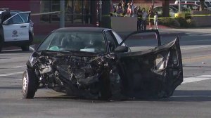 One of three vehicles involved in a violent crash are shown on March 26, 2019. (Credit: KTLA)