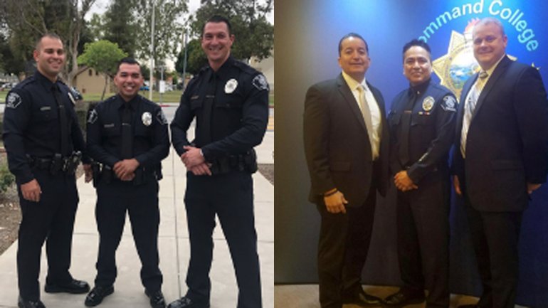 Officer Tyler Dominguez (center), left, and Lt. Chris Cano (center), right, are seen in photos released by the El Monte Police Department.