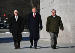 President Donald Trump, Vice President Mike Pence (L) and acting Interior Secretary David Bernhardt visit the Martin Luther King Jr. Memorial in Washington, DC on January 21, 2019 on Martin Luther King Day. (Credit: MANDEL NGAN/AFP/Getty Images)