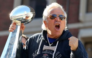 New England Patriots owner Robert Kraft celebrates on Cambridge street during the team's victory parade on Feb. 5, 2019 in Boston, Massachusetts. (Credit: Maddie Meyer/Getty Images)
