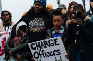 Demonstrators gathered outside of the Sacramento Police Department on March 2, 2019. (Credit: Mason Trinca / Getty Images)