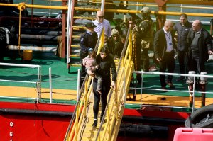 Migrants disembark from the Motor Tanker El Hiblu 1 that was hijacked by migrants in Valletta's Grand Harbour on March 28, 2019, after Maltese armed forces took control of the vessel. (Credit: JONATHAN BORG/AFP/Getty Images)