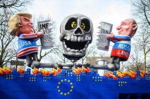 A float featuring an effigy of U.S. president Donald Trump and Russian president Vladimir Putin is seen prior to the annual Rose Monday Carnival parade on March 4, 2019 in Dusseldorf, Germany. (Credit: Lukas Schulze/Getty Images)