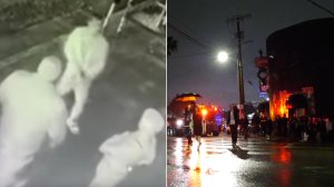 An unidentified gunman shoots a victim in a still from surveillance footage, left, and partygoers leave the Silver Lake club where the shooting occurred as an ambulance pulls up on Feb. 2, 2019. (Credit: Los Angeles Police Department, RMG News)