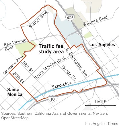 A Los Angeles Times graphic shows the $4 traffic fee study area.