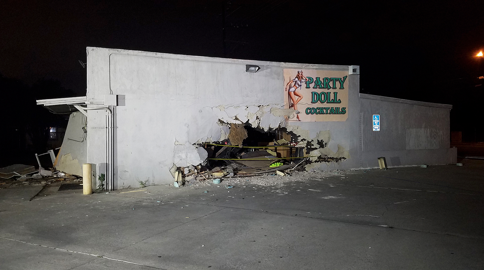 A pickup truck crashed into the Party Doll bar in Highland on March 20, 2019. (Credit: KTLA)