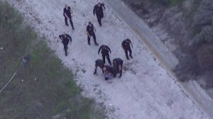 Police detain a pursuit driver after he fled into a ravine in the Angeles National Forest on March 15, 2019. (Credit: KTLA)
