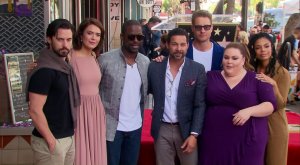 Mandy Moore is flanked by her co-stars in "This Is Us" after receiving a star on the Hollywood Walk of Fame on March 25, 2019. (Credit: CNN)