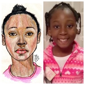 Trinity Love Jones, 9, (right), pictured in a photo released by investigators on March 10, 2019, alongside a sketch released by detectives earlier while they were still trying to learn the victim's identity. (Credit: Los Angeles County Sheriff's Department)