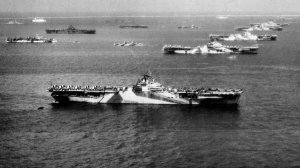 The USS Wasp, far left, rides at anchor in 1945 in the Western Pacific advance base at Ulithi, Caroline Islands, along with other Super Essex-type carriers. (Credit: Associated Press via CNN)