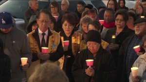 Hundreds of community members gathered in Hacienda Heights on March 7, 2019, to hold a vigil for an unidentified young girl whose body was discovered in a suitcase along a hiking trail on March 5, 2019. (Credit: KTLA)