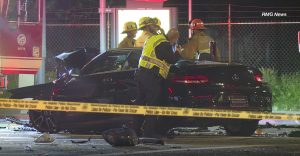 The suspect's vehicle is seen at the scene of a fatal crash in Woodland Hills on March 29, 2019. (Credit: RMG News)