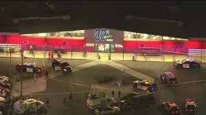 The 99-Cent store in Rowland Heights where the suspect was taken into custody is seen in aerial video on April 24, 2019. (Credit: KTLA)