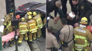 At right, firefighters work to extricate a woman after a pursuit driver crashed into her SUV in Pasadena on April 4, 2019. At left, authorities speak with the suspect following the crash. (Credit: KTLA)