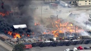 A recycling facility was ablaze in Ontario on April 30, 2019. (Credit: KTLA)