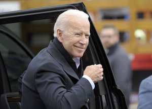 Former US vice president Joe Biden arrives at a rally organized by UFCW Union members to support Stop and Shop employees on strike throughout the region at the Stop and Shop in Dorchester, Massachusetts, on April 18, 2019. (Credit: JOSEPH PREZIOSO/AFP/Getty Images)