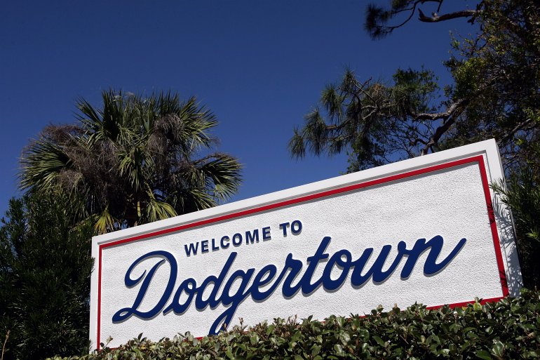 A "Welcome to Dodgertown" sign is seen during the Los Angeles Dodgers’ spring training game against the Florida Marlins on March 2, 2005, in Vero Beach, Florida. (Credit: Ronald Martinez / Getty Images)