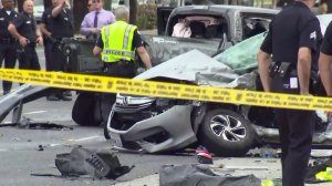 An investigation was underway in Lake Balboa on April 3, 2019, after a stolen pickup truck crashed while trying to evade a traffic stop, police said. (Credit: KTLA)