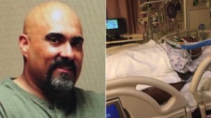 Rafael Reyna is seen, left, in an undated family photo and, right, hospitalized after being attacked at Dodger Stadium on March 29, 2019.