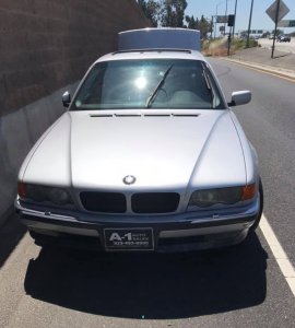 A BMW used as a getaway car in a robbery at an Orange check cashing business on April 25, 2019. (Credit: Orange Police Department)