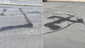 Swastikas burned into a Covina street on April 4, 2019, are seen in a photo released April 9, 2019, by the Los Angeles County Sheriff’s Department.