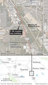 A map shows where the 215 Freeway is closed after a May 16, 2019, fighter jet crash. (Credit: Los Angeles Times Graphics)