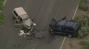 The scene of a fatal traffic collision on White Avenue in Pomona is seen on May 7, 2019. (Credit: KTLA)