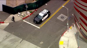 A pickup truck with a 7-year-old boy inside was carjacked near the Los Angeles County Museum of Art in Los Angeles on May 23, 2019. (Credit: KTLA)