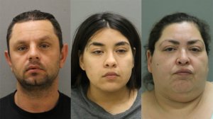 Piotr Bobak, left, Desiree Figueroa, center, and Clarisa Figueroa, right are seen in booking photos released by Chicago police and obtained by KTLA sister station WGN.