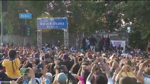 The South L.A. community celebrates the dedication of Obama Boulevard on May 4, 2019. (Credit: KTLA)