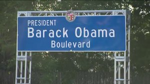 A stretch of Rodeo Drive in South Los Angeles was renamed Obama Boulevard May 4, 2019. (Credit: KTLA)